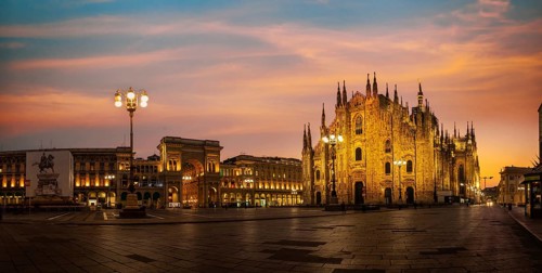 Cathedral on the Duomo square in Milan at sunrise, Italy
