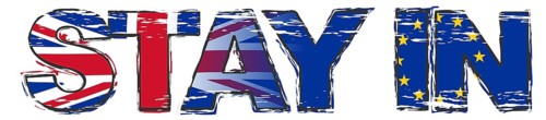 Text STAY IN with UK and EU flag under it, distressed grunge look