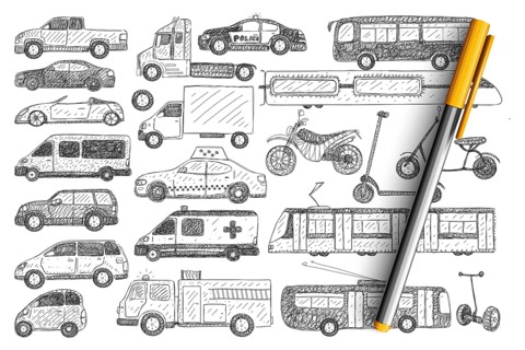 Types of vehicles doodle set. Collection of hand drawn cars buses scooters police car trucks
