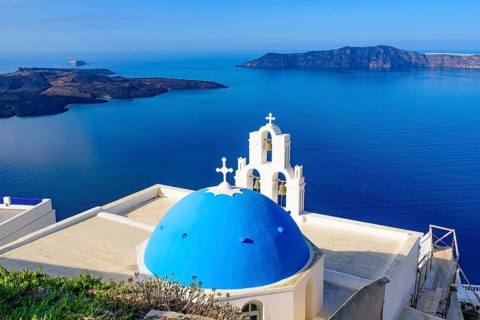 Three Bells of Fira, a Greek Catholic church in Fira, Santorini, Greece