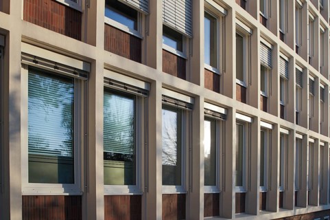 Sunlight reflecting on a modern building facade with rows of windows and venetian blinds, creating