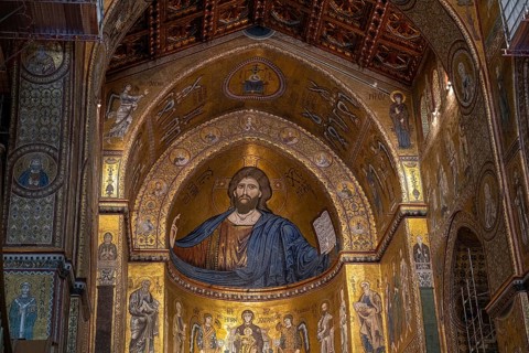 Monreale, Italy, July 18, 2023: Interior of Monreale Cathedral, a Catholic church and UNESCO world
