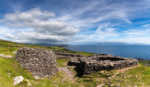 Fahan, Ireland, 5 August, 2022: view of the Fahan beehive huts on the Dingle Peninsula in County