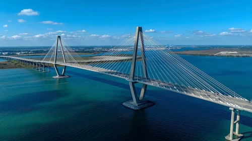 Aerial View of the Arthur Ravenel Jr. Bridge over the Cooper River in South Carolina, USA