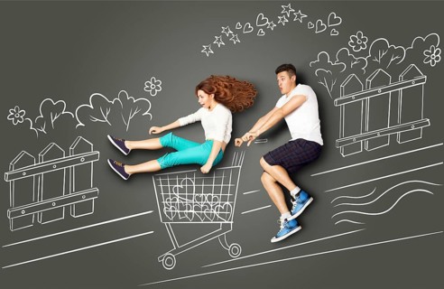 Happy Valentine's Day love story concept of a romantic couple on chalk drawings background. Male