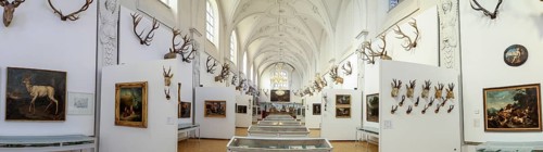 Panoramic photo of the interior of the German Hunting and Fishing Museum, Munich, Upper Bavaria,