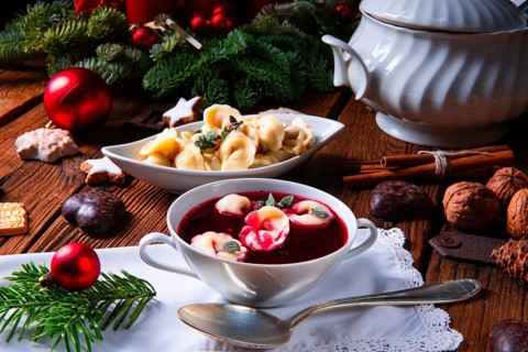 Christmas beetroot soup borscht with small dumplings