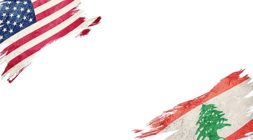Flags of USA and Lebanon on white background