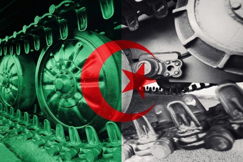 Military tank close-up Caterpillar Track with Algeria flag Background