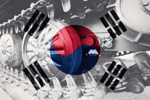 Military tank close-up Caterpillar Track with South Korea flag Background