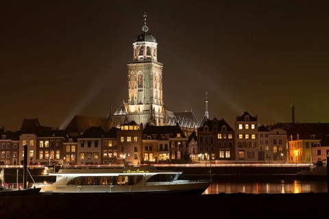 Illuminated skyline of the city of Deventer in the center of the Netherlands because of a special