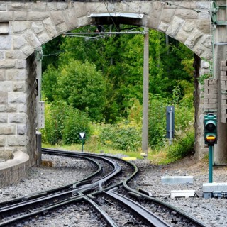 Track section of a rack railway with a switch and signalling system