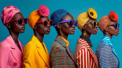 Models in stylish outfits and colorful sunglasses against a blue background