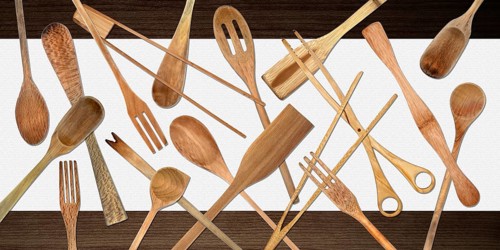 Topview of Set Cooking Wooden Utensils on Table Background