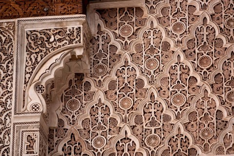MARRAKECH, MOROCCO, APRIL 18, 2023, Famous Madrassa Ben Youssef in the medina of Marrakech