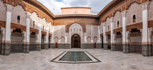 MARRAKECH, MOROCCO, APRIL 18, 2023, Famous Madrassa Ben Youssef in the medina of Marrakech