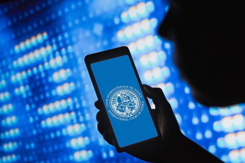 May 25, 2024, Brazil. In this photo illustration, the International Court of Justice (ICJ) logo is