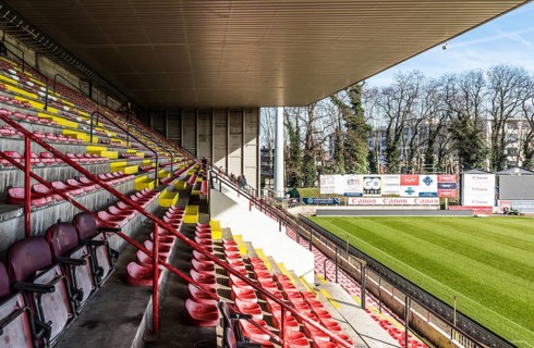 Belgium, 02 16 2019: Colorful seats on the tribunes of the Racing White Daring Molenbeek football