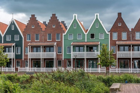 Veolendam, Netherlands, August 08, 2016. Houses in the marina of Volendam. Volendam is a popular
