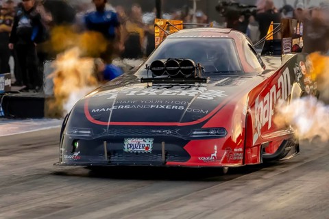 Sep 22, 2023-Concord, NC: NHRA Funny Car Series driver, Cruz Pedregon, runs down the lane during a