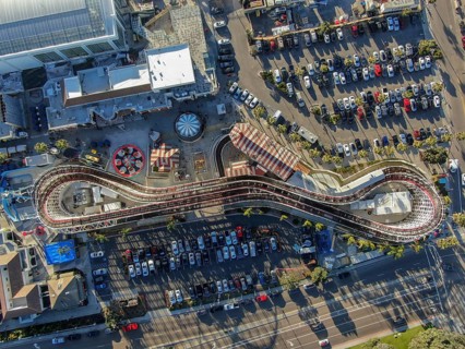 Aerial view of iconic Giant Dipper roller coaster in Belmont Park, an amusement park built in 1925