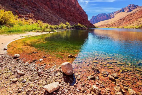 The historic Lees Ferry on the Colorado River. The multicolored canyon of orange and red Navajo