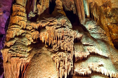 Venetsa Cave in Bulgaria. Beautiful colorful and illuminated cave full with semiprecious onyx