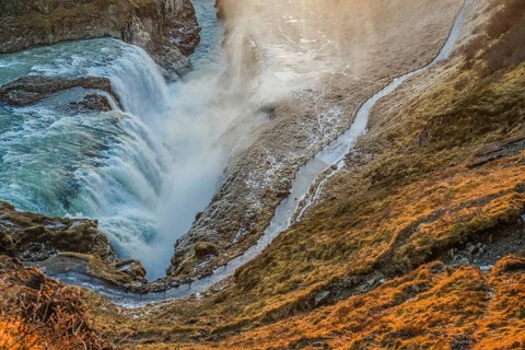 Waterfall and the sunrise of Iceland Gullfoss. Shooting Location: Iceland, Reykjavik