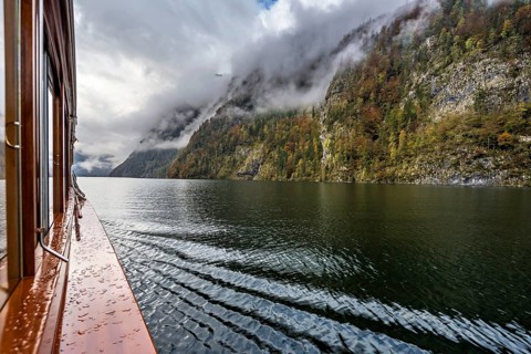 View of the surrounding rock faces from a boat on the Königssee, Berchtesgadener Land, Bavaria,
