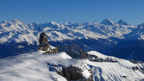 View from the Diablerets glacier, Switzerland. Snow covered mountains in Valais Canton. Winter