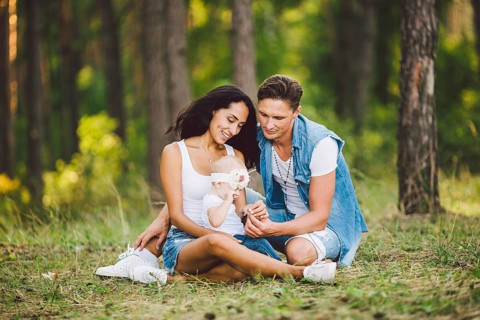 The theme family outdoor recreation in forest park area. Young beautiful stylish caucasian family