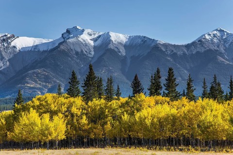 The first snow has already fallen on the peaks. Great Canadian Rockies. Scenic shores of Abraham