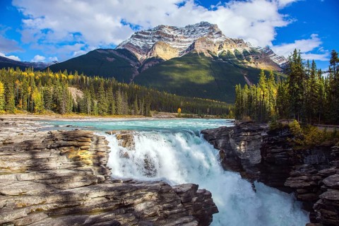 Athabasca Falls, popular with tourists. Rocky Mountains of Canada. The Athabasca River begins at