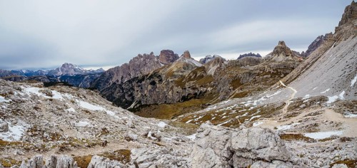 Panoramic view of the famous peaks of the Dolomites, Tre Cime di Lavaredo National Park, Dolomiti