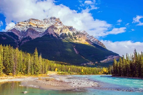 Jasper Park. Canada. Mountain and river make up magnificent landscapes. The Athabasca River begins