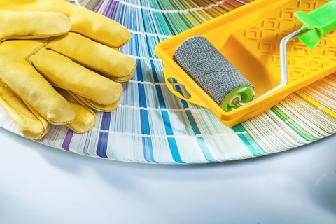 Paint roller tray safety gloves pantone fan on white background