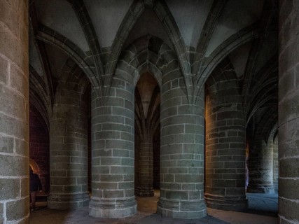 Mont-Saint-Michel, monastery mountain, crypt of the massive columns built in the middle of the 15th