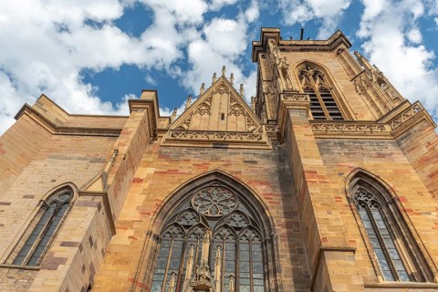 Facade of the Saint-Martin collegiate church in the city center. Colmar, Haut-Rhin, Collectivite