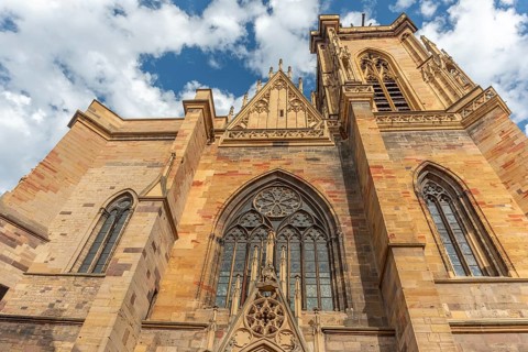 Facade of the Saint-Martin collegiate church in the city center. Colmar, Haut-Rhin, Collectivite