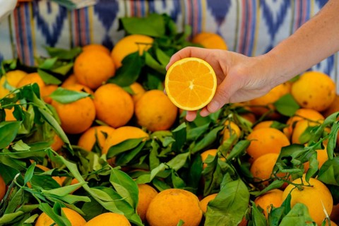 Sale of oranges and orange juice with local produce, Fira de Sa Taronja, Soller, Mallorca, Balearic