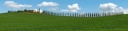 Tuscany landscape panorama with farmhouse and cypresses at sunny day. Province of Siena, Italy