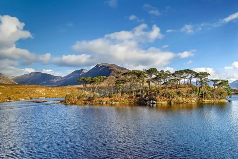 Landscape with lake from Pines Island Viewpoint in Galway county, Ireland