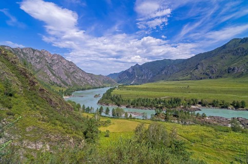 Panorama of the valley of the river Katun, Altai, Russia