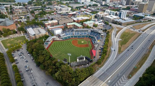 An aerial view of AT&T Field, home of the Chattanooga Lookouts, shows the modern ballpark with a 6,