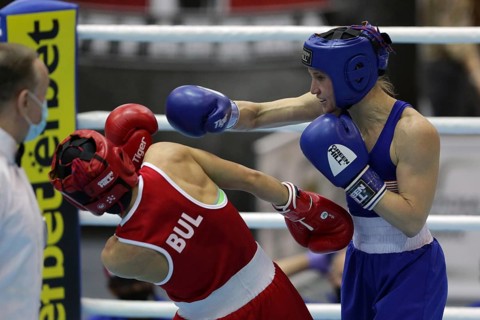 Sofia, Bulgaria - 26 February, 2021: Stoyka Krasteva (RED) of Bulgaria and Virginia Fuchs of USA