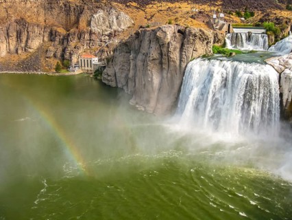 Spectacular aerial view of Shoshone Falls or Niagara of the West with rainbow reflected in the