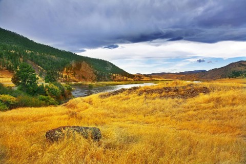 The river Missouri is beautifully bent between brightly yellow meadows