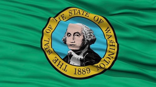 Closeup Washington Flag on Flagpole, USA state, Waving in the Wind, High Resolution
