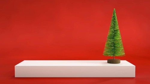 Christmas display background with a toy fir tree, 3D illustration