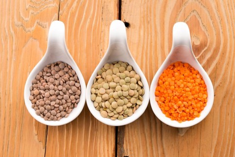 Three kinds of lentil in bowls - red lentil, green lentil and brown lentil, lodz, poland